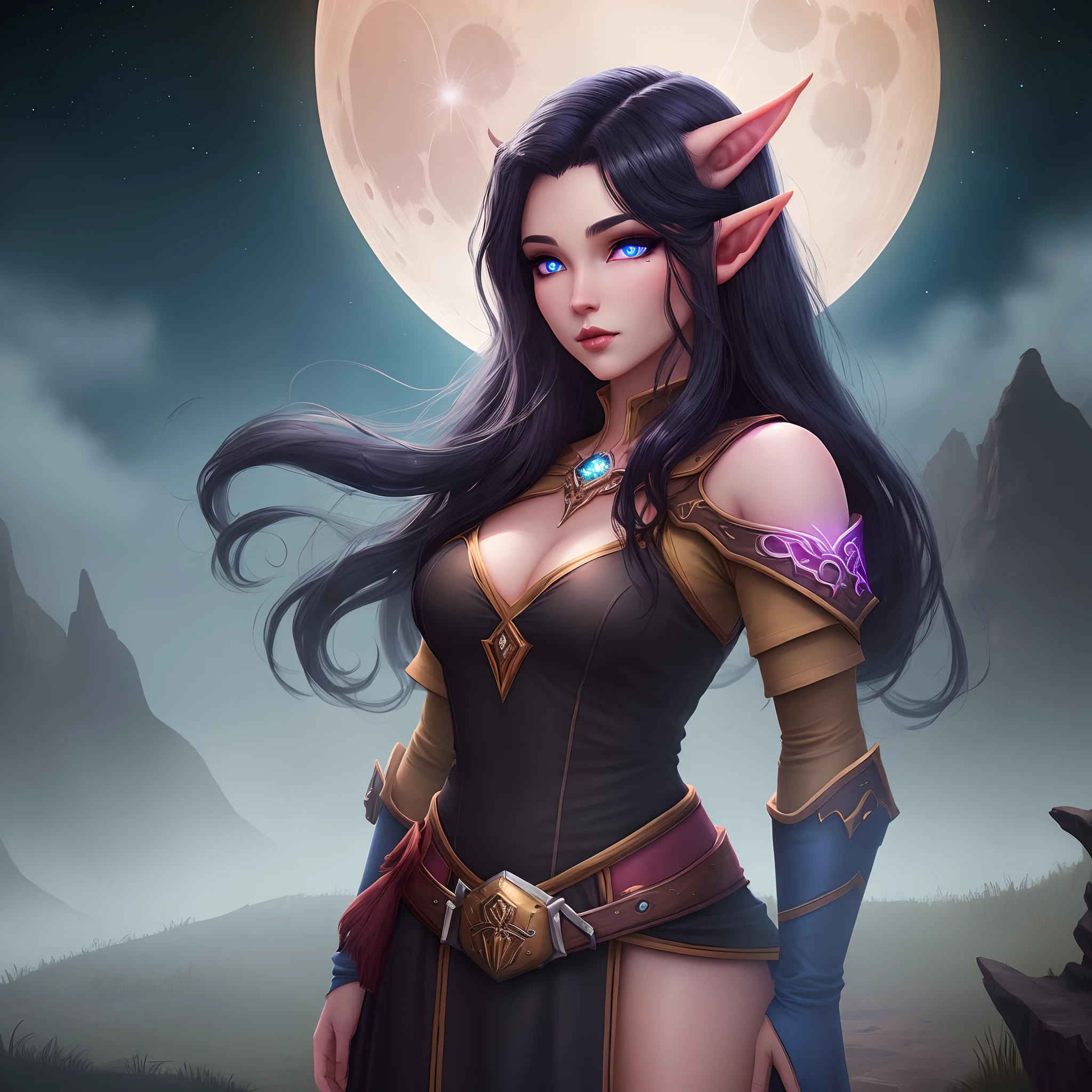 Night elf, long black hair, glowing blue eyes, art, standing in front of a moon, elf woman, long elf ears, pink-ish skin, fantasy, cowboy shot of world of Warcraft elf