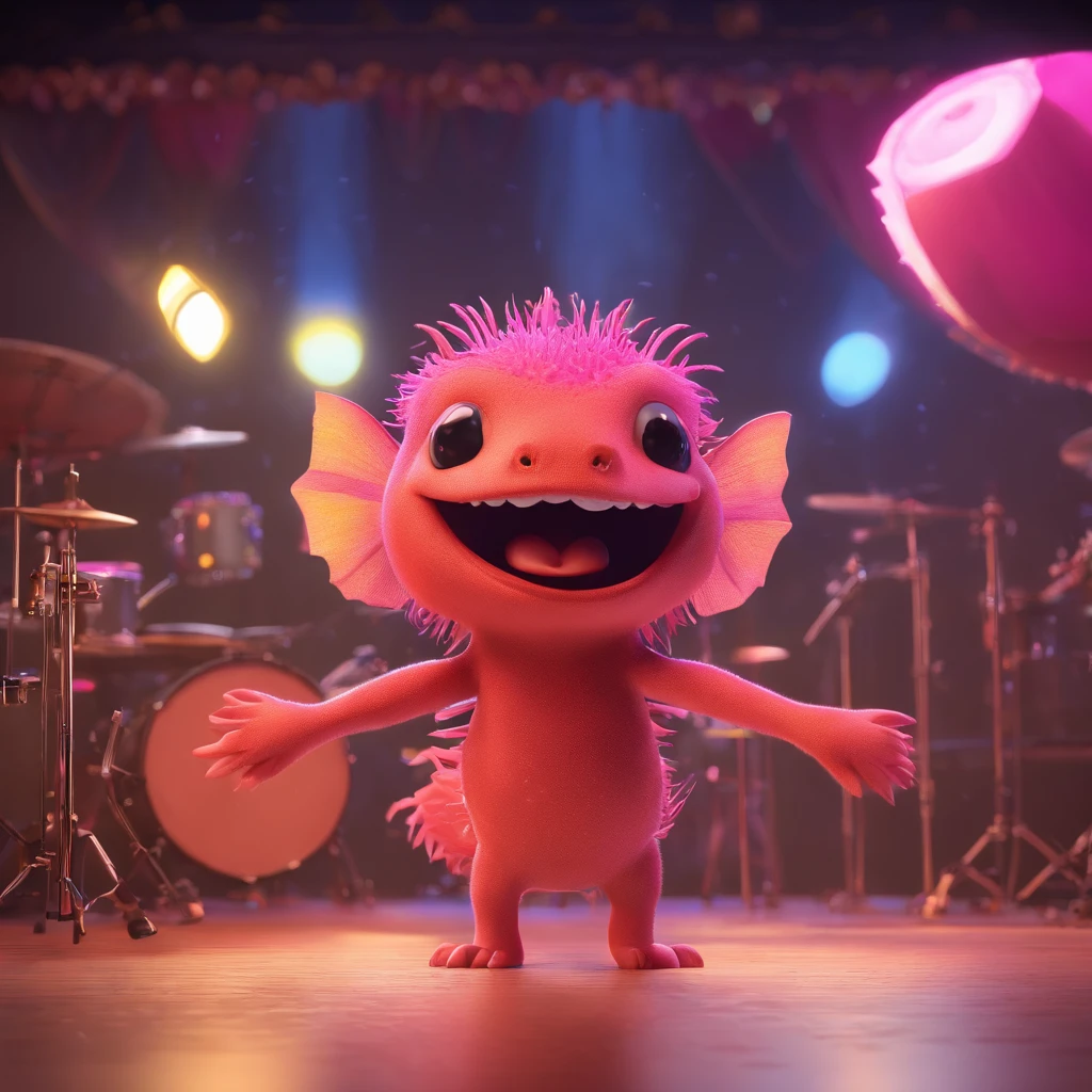 Create an animated art scene where an axolotl dresses up as Taylor Swift and performs in an exciting concert. Use an animation style that highlights the expressiveness and charisma of the axolotl, as well as the energy of the concert.