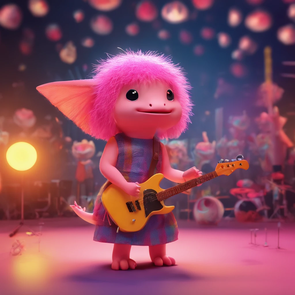 Create an animated art scene where an axolotl dresses up as Taylor Swift and performs in an exciting concert. Use an animation style that highlights the expressiveness and charisma of the axolotl, as well as the energy of the concert.