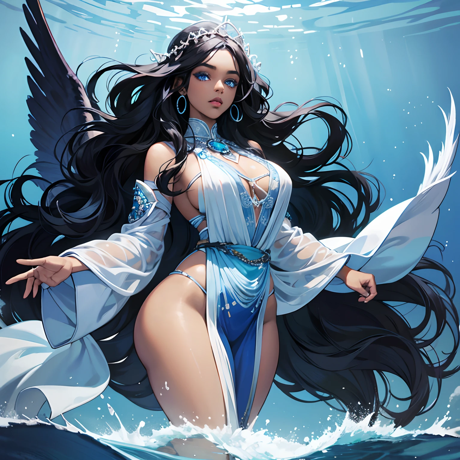 African American woman, dark skin woman, goddess, water, blue and white robe, silver jewelry, blue eyes, big lips, wide chest, curvy, under water, black hair, long hair, curly hair, serious, white wings, blue makeup, really dark skin