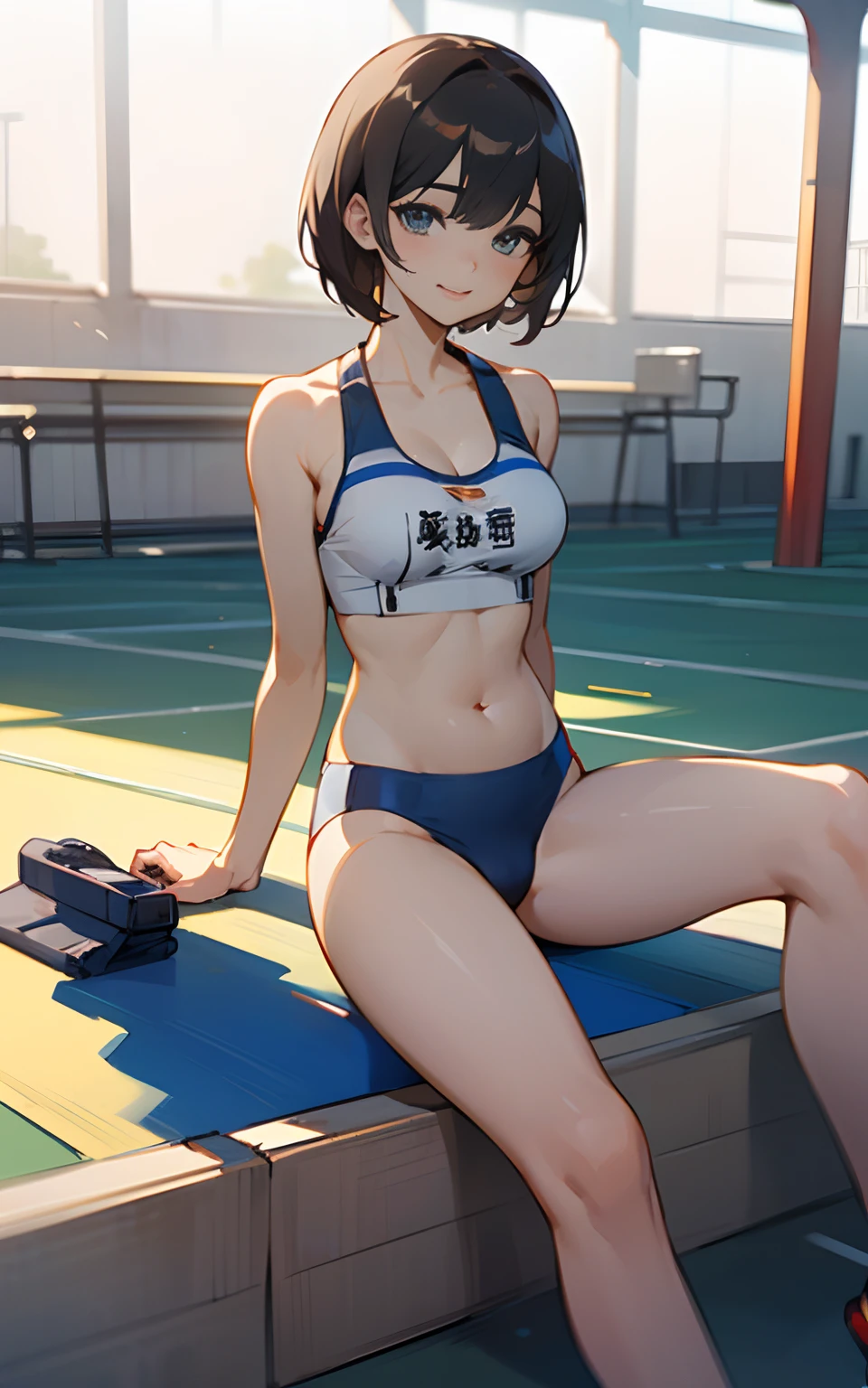 (Original Character、Unity 16K Wallpaper, Masterpiece, Best Quality, Ultra-Detailed, Extremely Detailed CG, Caustics, Cinematic Lighting, Detailed, Beautiful Detailed Eyes, solo), Ultra High Resolution, fine skin, (track and field:1.2) 、(strong light)、oily skin,smile , from front:1.2、(sexy women)、Arena、full body shot、lean back, hands behind the back, tank top, bikini bottom, show belly, show cleavage, legs open, open legs, camel toe, show neck, sunny day、cowboy shot, short hair、sit on the ground, view from low, slim waist