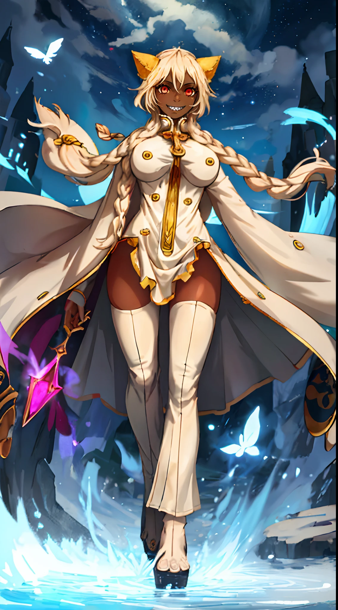 taokaka,,huge breast, , female,fantasy goddess,there is a cartoon picture of a woman with a very large breast, glowing angelic being, glowing holy aura, inspired by Luma Rouge, the non-binary deity of spring, ethereal rainbow nimbus, the butterfly goddess of fire, inspired by Marie Angel, glowing aura around her, astral fairy, as the goddess of the sun, “uwu the prismatic person, big breast, happy, beautiful eyes, , full body, walking, long robe, long dre, catgirlss,, priestess ,holy, smile, long dress, brown hair, female,red eyes, black robe with stars symbolism, full body, flipflops,(best quality,4k,8k,highres,masterpiece:1.2),ultra-detailed,(:1.37),black robe with blue stars simbolism, girl with queen crown,beautiful detailed eyes,beautiful detailed lips,extremely detailed eyes and face,longeyelashes,golden crown adorned with diamonds,glowing blue stars on the robe,glittering pearls entwined in hair,royal purple backdrop,sparkling tiara,rich textures and fabrics,regal posture,confident expression,majestic aura,ethereal lighting,hauntingly beautiful atmosphere,elegant and magical,enchanted garden in the background,floating golden particles,subtle reflections on the crown,sublime tranquility,depth and mystery,sophisticated and regal,impeccable attention to detail,captivating and enchanting,ethereal and divine,fantasy-inspired artwork,dreamlike and surreal,celestial beauty and elegance,dark and mysterious,royal and majestic vibes,meticulous craftsmanship,vivid colors,whimsical and otherworldly., pants,sharpteeth ,black hair, cat ears, full body, smile, darkskinned-female, black hair, pants, caucasiene facial features, dark hair