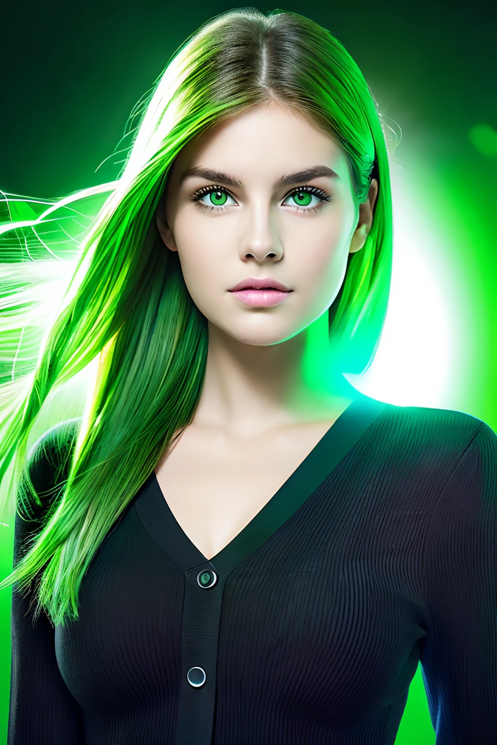 Real Women、Face Barbara Palvin、green colored hair、Green eyes、Green electricity from the body、discharge、Background Black、fulHD、