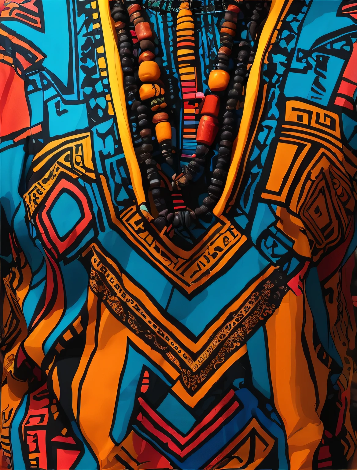 Colorful shirt with a necklace and beads, estilo afrofuturismoo, corpo inteiro!! Detalhes maximalistas, armadura tribal, detalhes e cores vivas, afrofuturismo, portrait of a digital shaman, inspirado em Ras Akyem, afrofuturista, inspirado em Afewerk Tekle, Artes Africanas, Fractais africanos, Joias africanas intrincadas, Feiticeiros Cyberpunk Africanos, tribal psychedelic