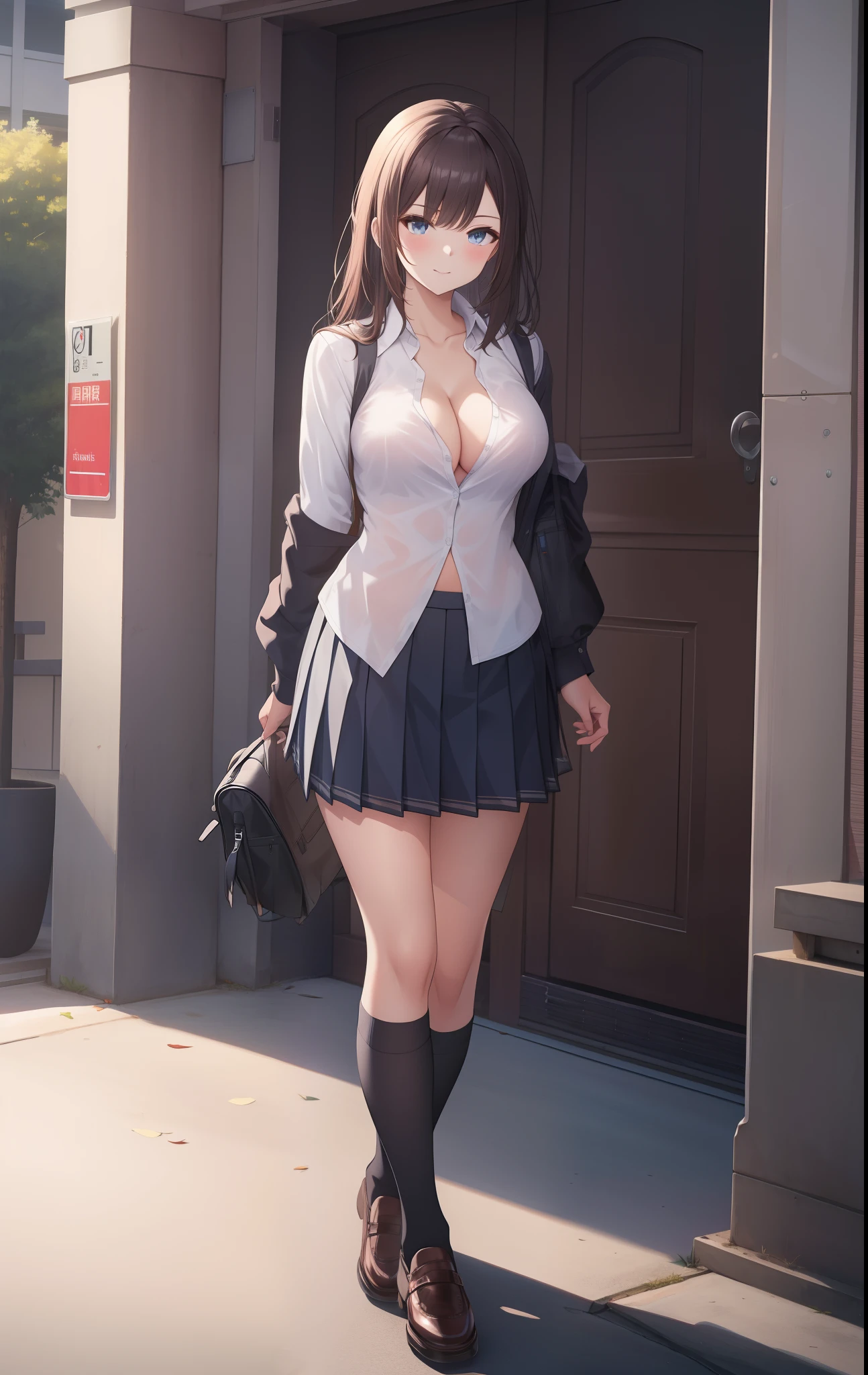 Long sleeves, Pleated skirt, School uniform, Shirt, Skirt, sleeves rolled up, White shirt, cleavage,