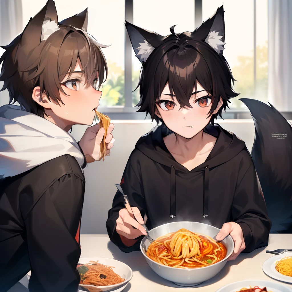 ((masterpiece, best quality, anime)), Sora, ((19 year old Boy)), ((4'6ft)) cute, ((Black messy short hair)) Black Hoodie with white stripes, Sideview, ((Red and Grey eyes)), ((Black Really Fluffy Wolf tail)) ((1tail)) ((Black Wolf ears)), Cute expression, Black and white Sport-Shorts with Thigh highs. Eating spaghetti ((With a friend)) ((2boys))