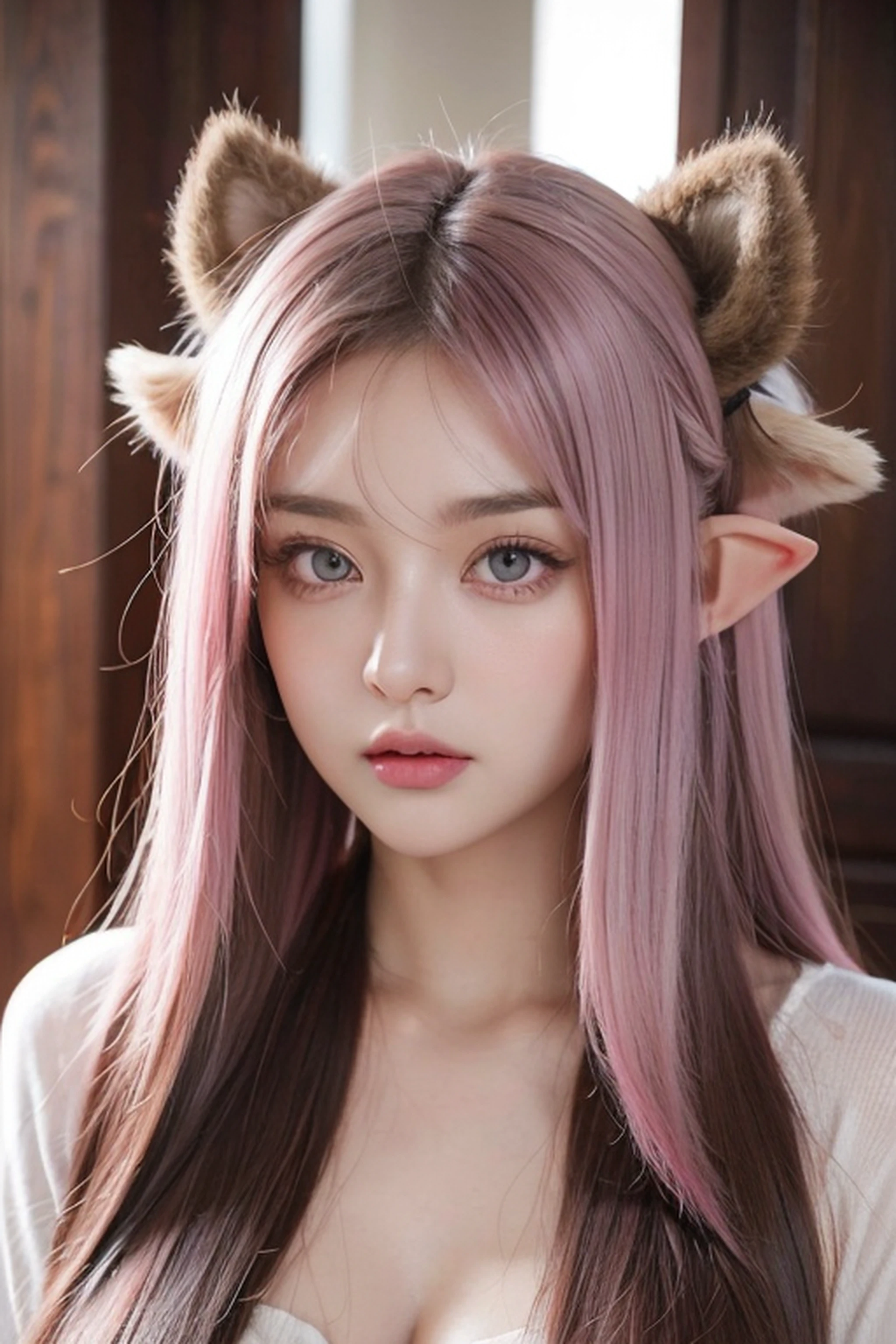 Pick dyeing,Internal staining,Dull hair,Gradient hair color,deer antlers,bell,Love pupils,beautiful pupil,Pink eyes,Long pointed ears,Beast-eared ,Seductive expressions,Ahhh,Love in your eyes,Stick out her tongue