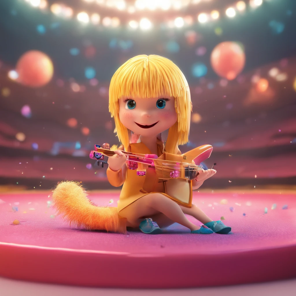 Create an animated art scene where an axolotl dresses up as Taylor Swift, slender figure, His hair is blonde and performs in an exciting concert. Use an animation style that highlights the expressiveness and charisma of the axolotl, as well as the energy of the concert.