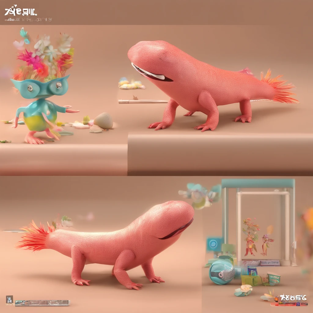 Create an animated art scene where an axolotl dresses up as Taylor Swift, slender figure, His hair is blonde and performs in an exciting concert. Use an animation style that highlights the expressiveness and charisma of the axolotl, as well as the energy of the concert.