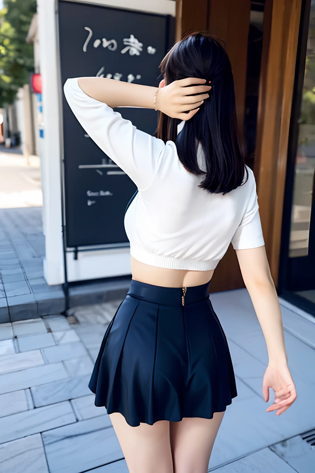 Shiny tight skirt、raise arms、Show armpits、Turn up your skirt、Long body、A slender、Inside the city、adult woman、adult lady、skin-tight、from the rear