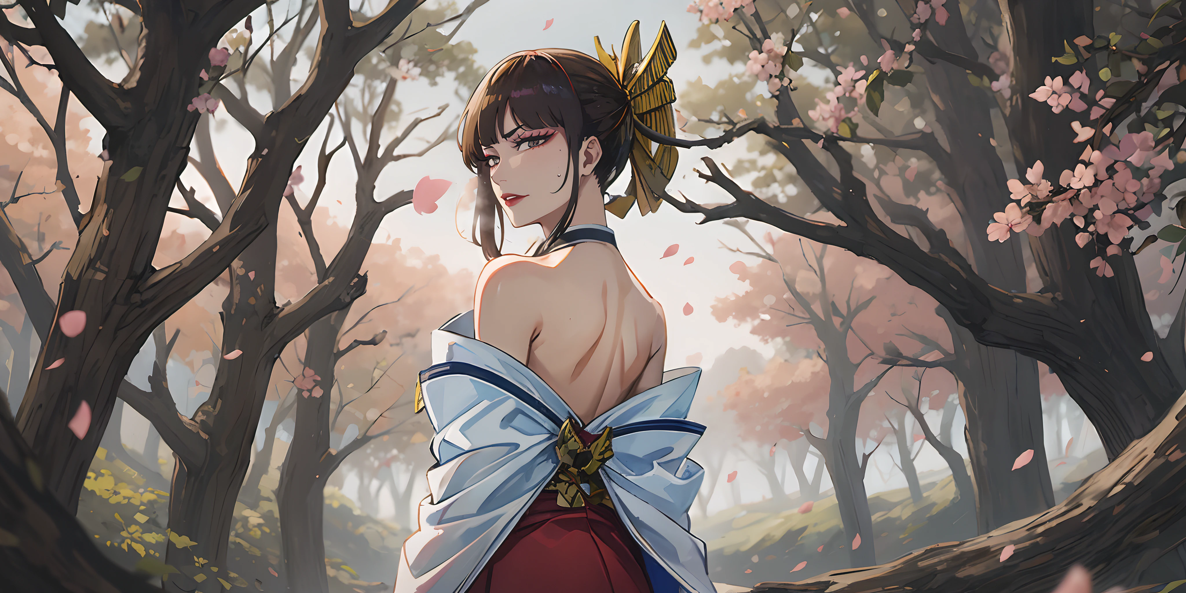 senjumaru shutara, (long hair, bangs, blunt bangs, black hair, sidelocks:1.5), (black eyes:1.5), makeup, lipstick, red lipstick, sweating, glowing eyes, heavy breathing, female focus, petals, 1girl, cherry_blossoms, tree, solo, choker, japanese_clothes, bare_shoulders, petals, looking_back, looking_at_viewer, breasts, outdoors, mole, tree_branch, lips, large_breasts, day, black_choker, kimono, from_behind, sky, ribbon_trim, back, wind, sash, hair_ornament, blush, ribbon-trimmed_sleeves, makeup, "long shot scenic professional photograph of {prompt}, perfect viewpoint, highly detailed, wide-angle lens, hyper realistic, with dramatic sky, polarizing filter, natural lighting, vivid colors, everything in sharp focus, HDR, UHD, 64K", anime coloring, anime screencap, sweating, steaming body, fog, hair ornament