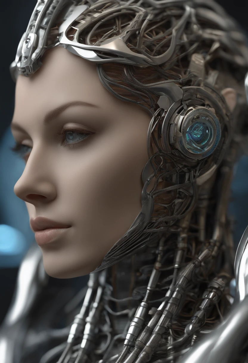 Complex 3D ultra detailed render of a beautiful porcelain profile woman android face, (((corpo inteiro))), Ciborgues, robotic parts, 150mm, beautiful studio soft light, luz de aro, Detalhe vibrante, luxocyberpunk, renda, hyper-realisitic, Anatomical, face muscles, cable electric wires, microchips, elegante, fundo bonito, octan render, h. r. estilo giger, em 8K, best quality, masutepiece, illustration, extremamente delicado e bonito, extremamente detalhado ,NFFSW ,unidade ,papel de parede, (Realistic, Fotorrealista:1.37),Amazing, detalhe fino, masutepiece,best quality,Arte Oficial, Altamente detalhado ticker unidade 8K wallpaper, absurdos, unbelievable Ridiculous, droid, corpo inteiro, sentado