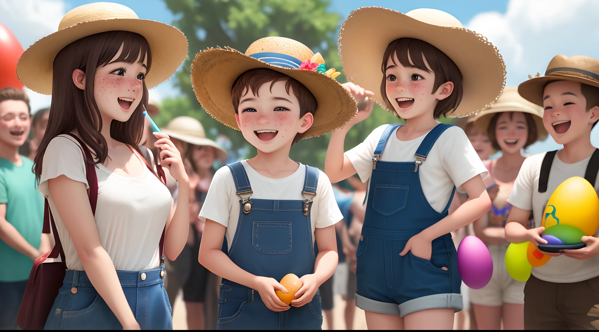 A kid in overalls with brown hair and freckles winning a Egg hunt and receiving a straw hat as a reward, with the words “HAPPY BIRTHDAY” being shouted by the onlookers