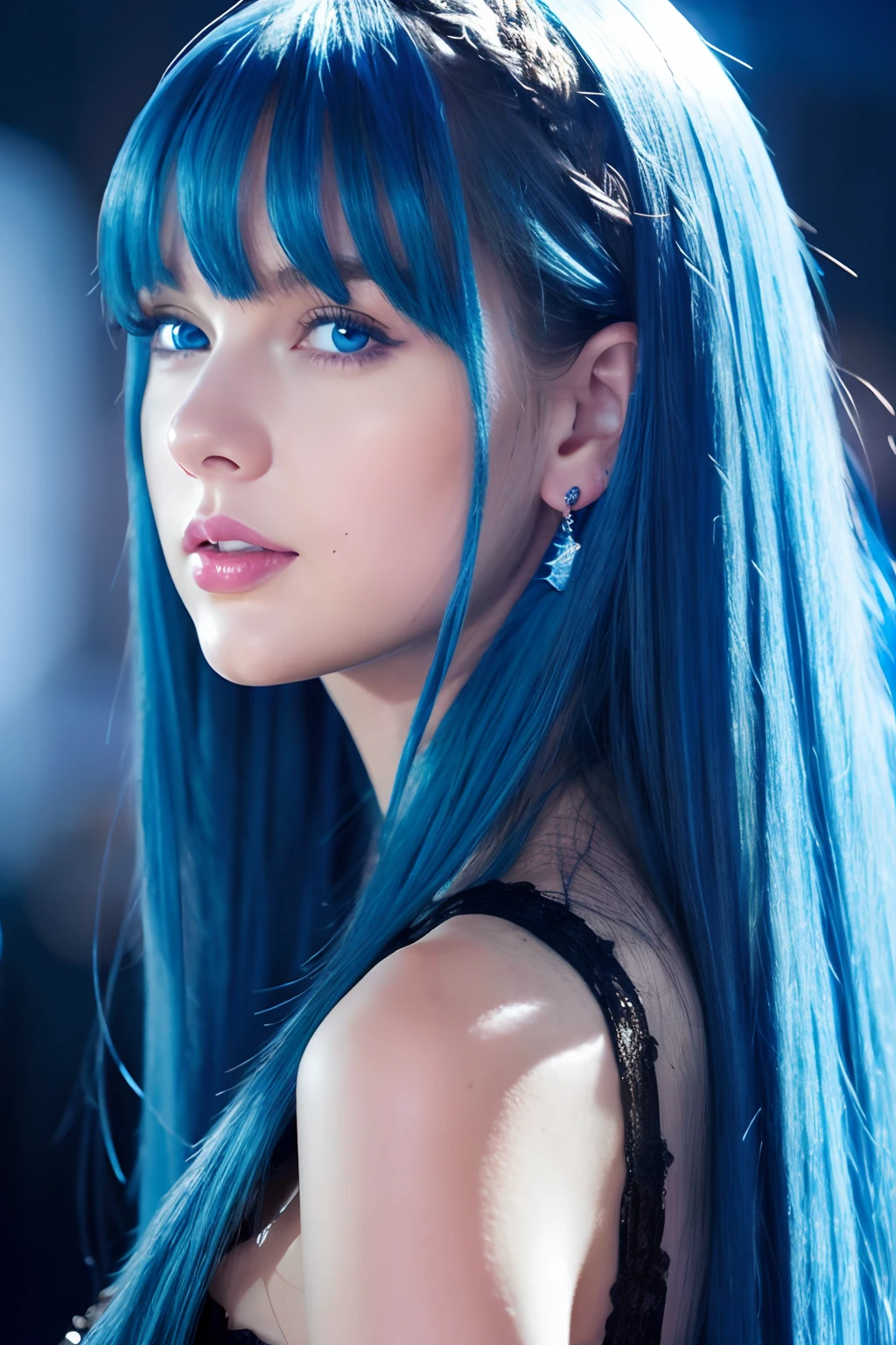 Real Women、Face Taylor Swift、Blue hair、Blue eyes、Longhaire、fulHD、Black background、