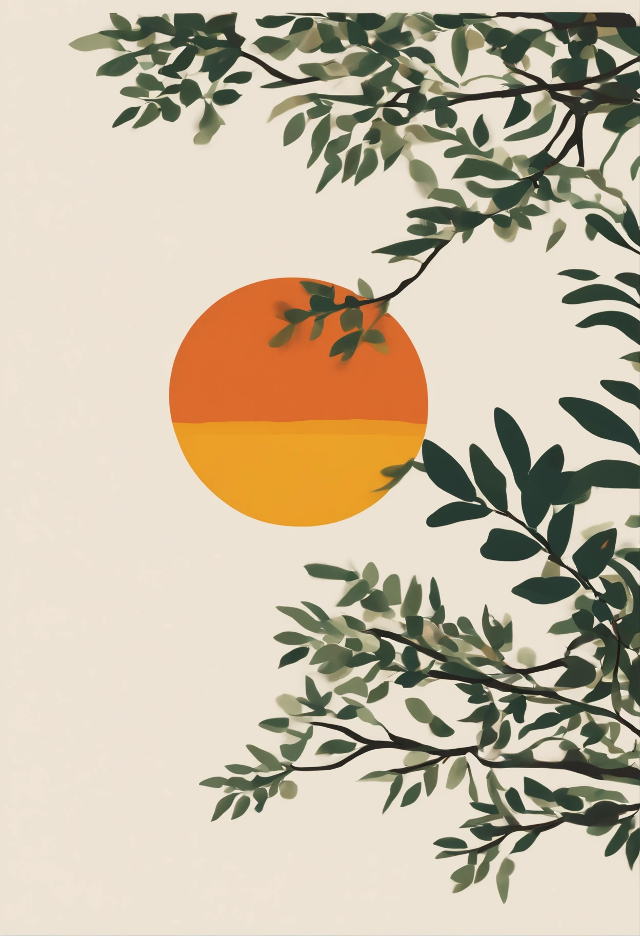 a painting of a sun and a tree branch on a white background, canvas art print, mid century art, poster vintage, abstract flat colour, 70s poster, abstract forms and shapes, retro style art, a mid-century modern collage, abstract shapes, poster composition, abstract style, japanese inspired poster, modernist art style, abstract scene design, abstract desi