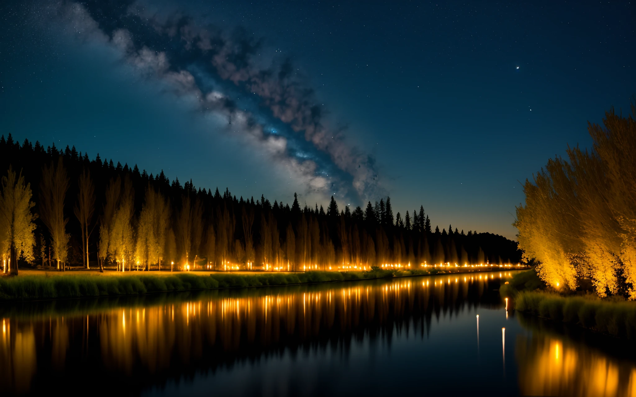 River at night lined by willow trees