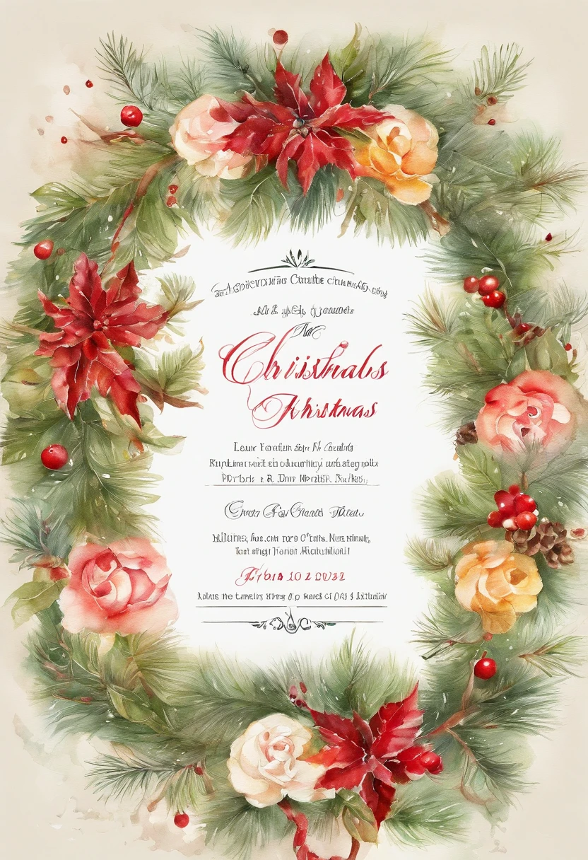 Picture an exquisite Christmas flyer, with space to write an invitacion note, Watercolor, trending on artstation, sharp focus, studio photo, intricate details, highly detailed, by greg rutkowski