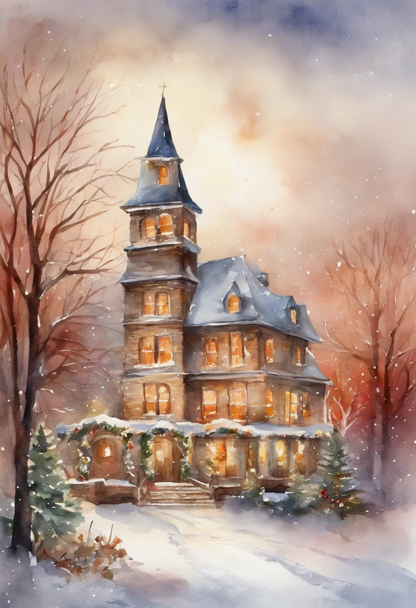 Picture an exquisite Christmas flyer, with space to write an invitacion note, Watercolor, trending on artstation, sharp focus, studio photo, intricate details, highly detailed, by greg rutkowski