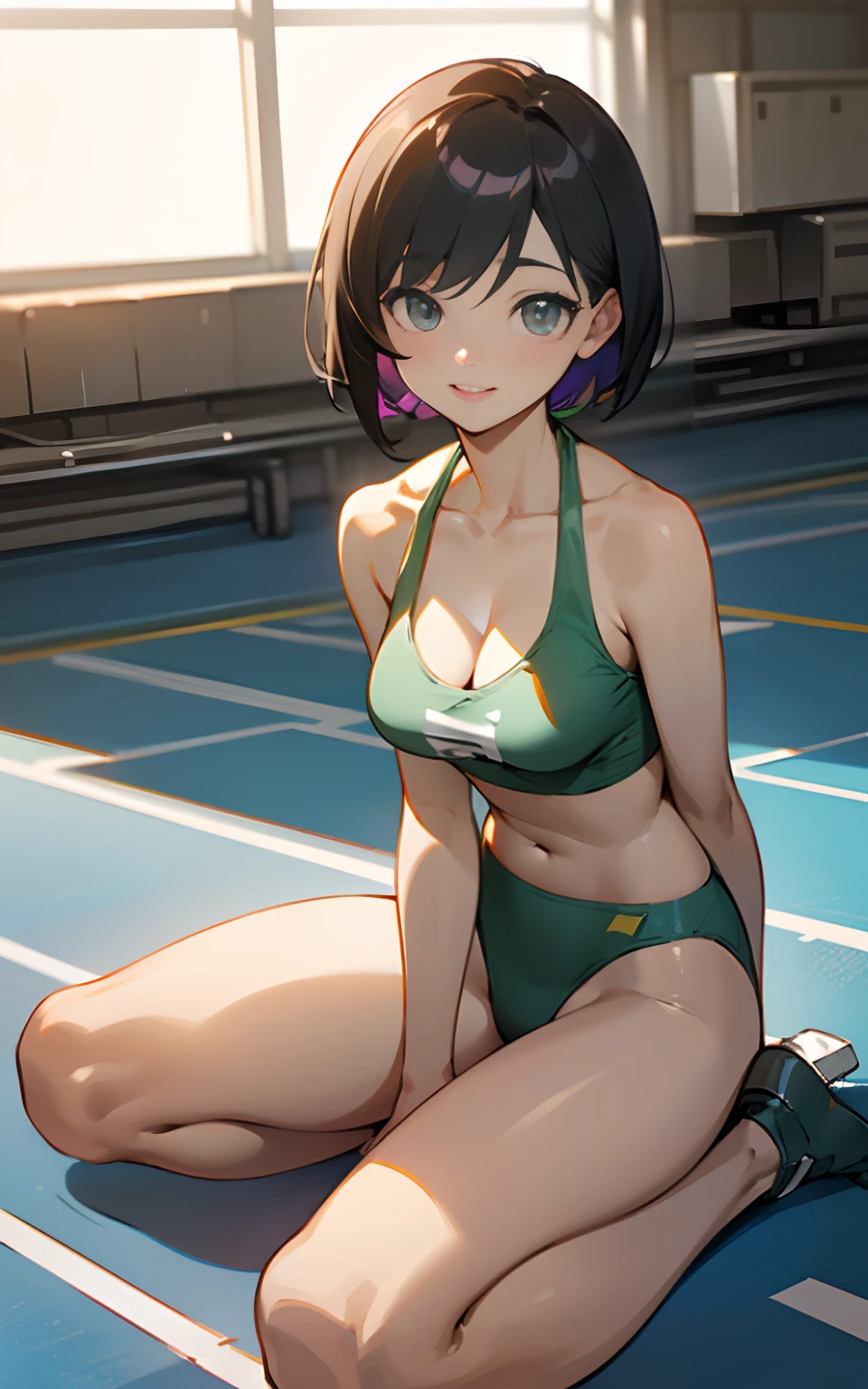 (Original Character、Unity 16K Wallpaper, Masterpiece, Best Quality, Ultra-Detailed, Extremely Detailed CG, Cinematic Lighting, Detailed, Beautiful Detailed Eyes, solo), Ultra High Resolution, fine skin, track and field, shiny skin, smile, from front:1.2、( women)、Arena、full body shot、lean back, hands behind the back, tank top,  bottom, show belly, show cleavage, , , , , show neck, sunny day、cowboy shot, short hair、sit on the ground, view from low, slim waist, wider 