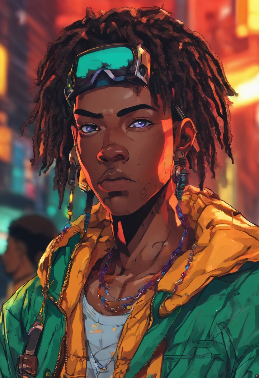 (Qualidade Superior, 16k, master part: 1.3)), jovem negro, Retrato de um homem adulto de pele escura(Afro-americano:1.2 , 2 0 anos) com dreadlocks pretos escuros e uma camisa branca, fanart de urbano, solo portrait 🎨🖌️, estilo de arte desconhecido, retrato detalhado do caractere, black anime manga girl, fundo urbano da favela brasil , Olhos verdes aqua, Anime detalhado soft face, menino, estilo anime masculino, retrato de meio corpo, Textura altamente detalhada do rosto e da pele, Detailed eyesanime dark-skinned teen with charound her neck and dark brown jacket, ele tem dreadlocks pretos, Heterocormia, olhos multicoloridos((The left eye is green, The right eye is red )), badass anime 8 k, arte digital do anime cyberpunk,