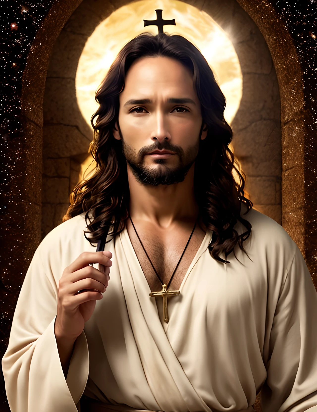 RODRIGO Santoro como Jesus Cristo, focar nos detalhes do rosto, semelhante ao Rodrigo Santoro, wearing long beige tunic of Jesus, Jesus style of the Bible, imagem realista, fundo da imagem jardim celestial com animais e flores, melhor qualidade, 8k, focar nos detalhes.