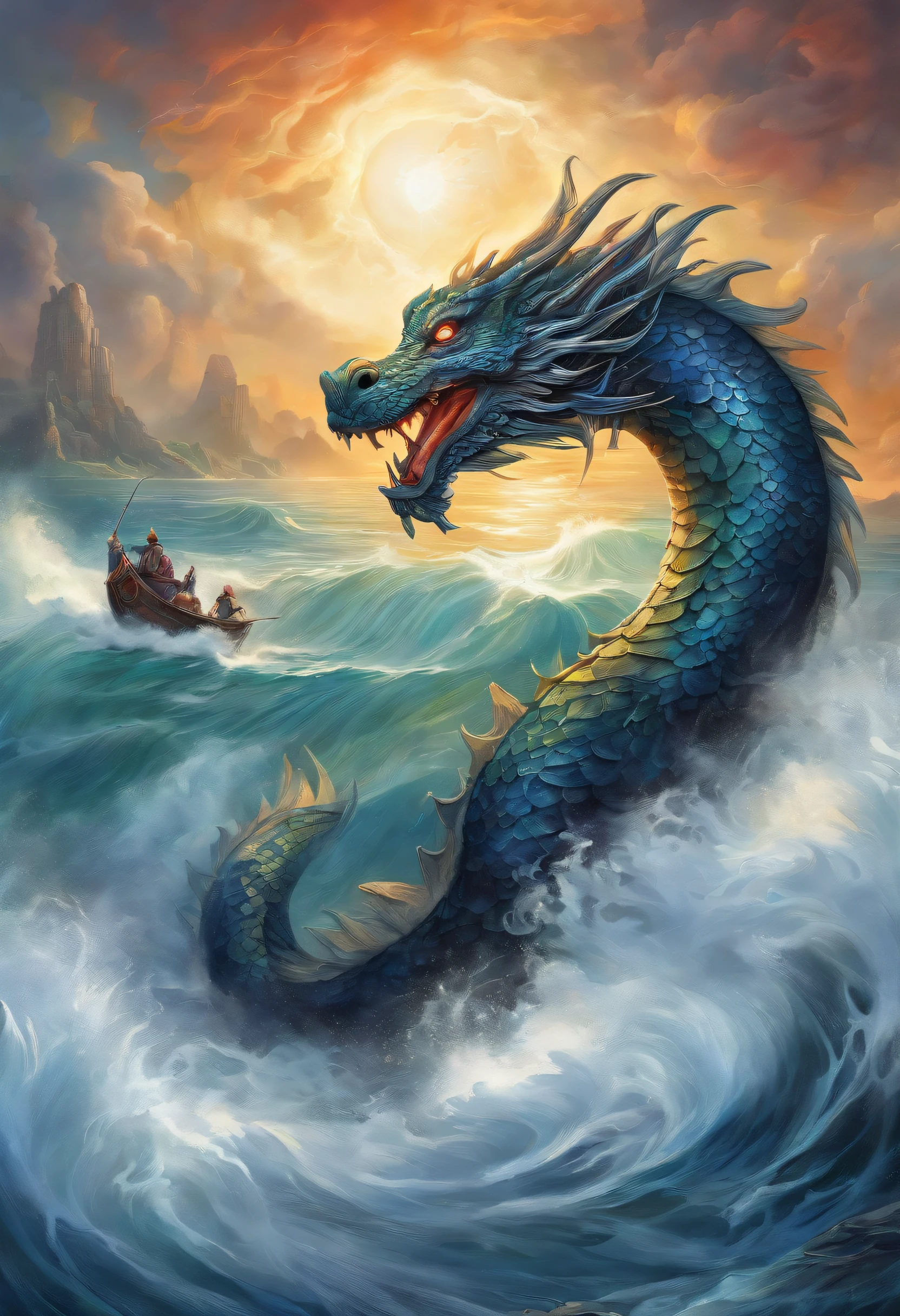 Vickers style, The graphics in the poster design are ocean colors, Chinese dragon in ink painting, and a combination of dragons, As a water god, Live in the South China Sea, Control thunderstorms at sea, an ancient Chinese god, turtle, drak, Mare, stony, Super sharp,Realistic details,  Auspicious clouds, depth of fields, God Ray, fantasy coloring, romanticism lain, art-deco, Cinematic lighting, Depth of field, Sparkle, god light, Ray tracing, Ultra-wide angle, first person perspective, Wide shot, hyper HD, High quality, High details, Textured skin, Best quality