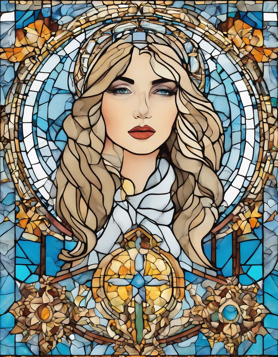 1 menina, debbie harry, 18 anos, alto, low water, louro, majo, cabelo loiro liso com franja, olhos azuis. Terno piloto branco com detalhes em azul claro. With a blue mantle like that of Our Lady of Grace. wearing prescription glasses.