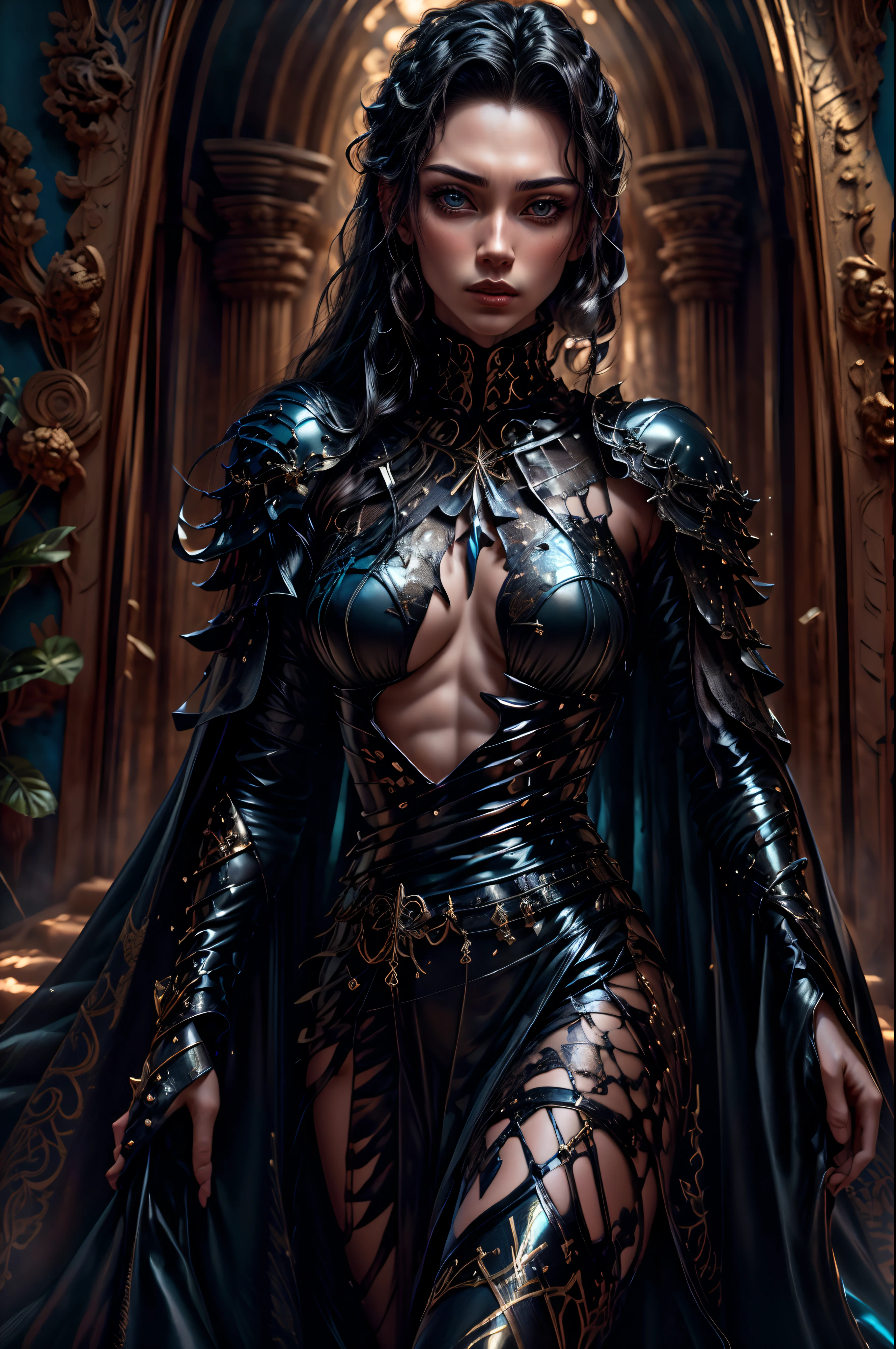 (best quality,4k,8k,highres,masterpiece:1.2),ultra-detailed,(realistic,photorealistic,photo-realistic:1.37),long black hair,fair skin,blue eyes,silk dress,jewels,fantasy,portraits,vivid colors,soft lighting, , naked