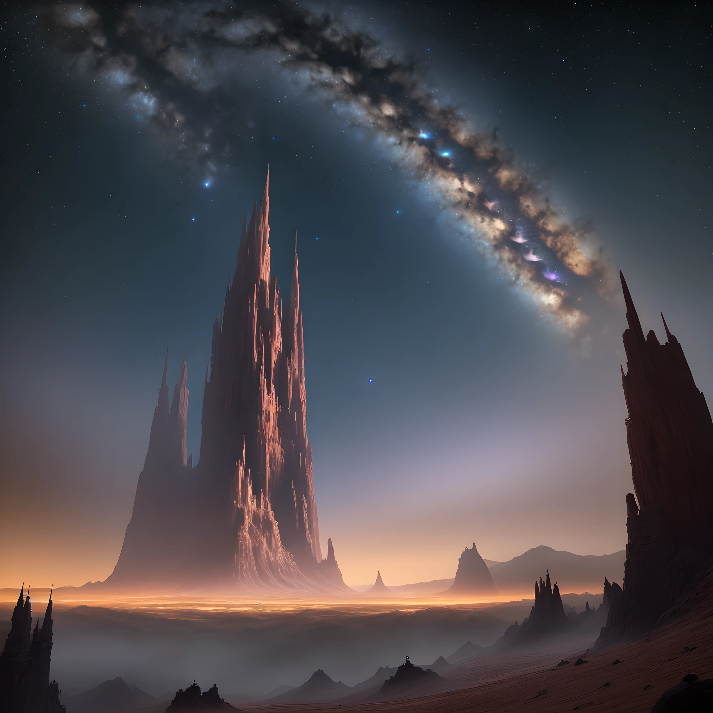 A fantasy gaming landscape using a 14 mm cinematic lens in a 1080p viewing format. like it to be at night time with a space sky.