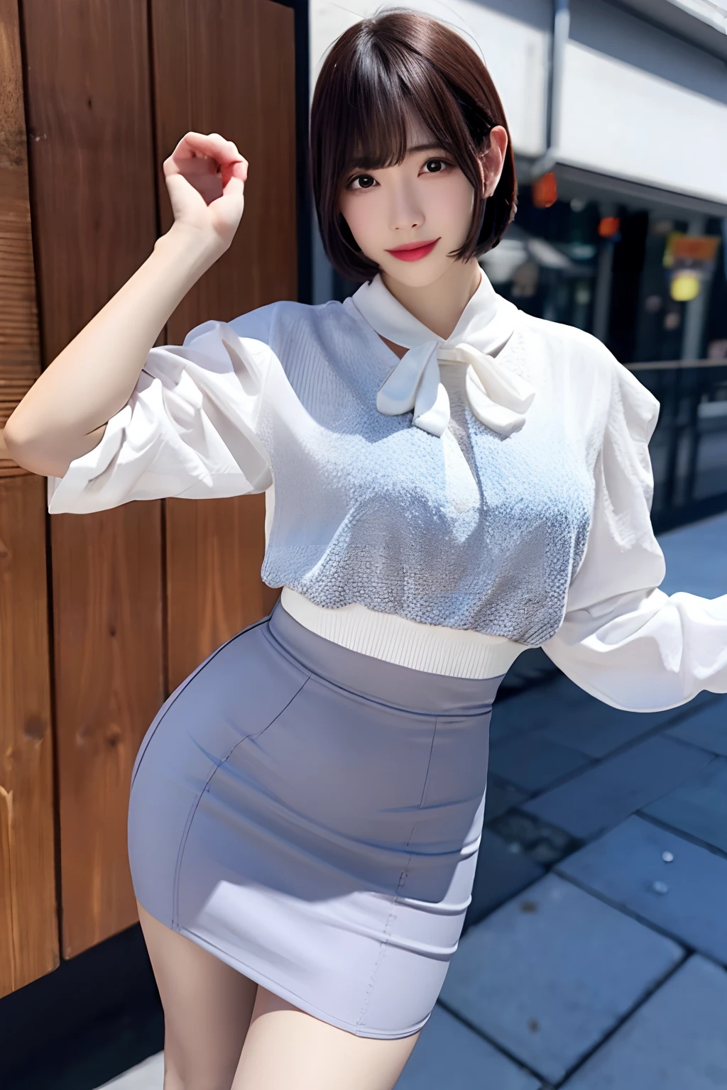 Shiny tight skirt、raise arms、Show armpits、Turn up your skirt、Long body、A slender、Inside the city、adult woman、adult lady、skin-tight、from the rear