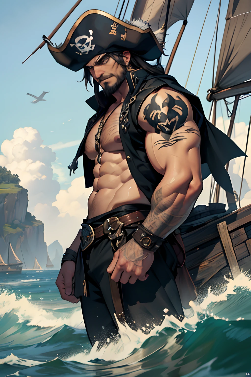 a rugged-faced middle-aged man, long neatly-trimmed beard, black hair, slight smile, minimalist black no expose pirate outfit, no belt, black cloak, rolled up long sleeves, torso and face only, facing front, wind blowing,no background