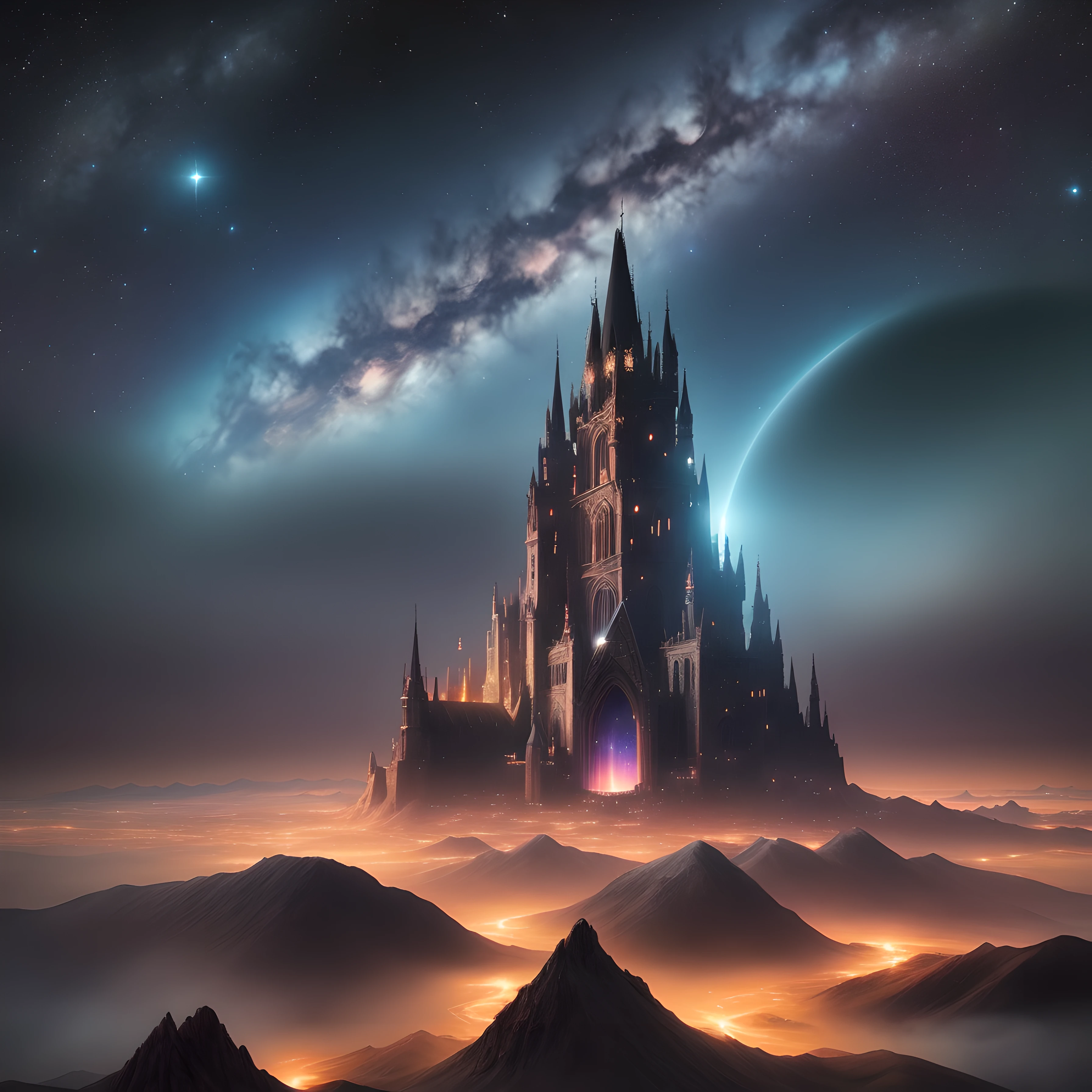 A fantasy gaming landscape using a 14 mm cinematic lens in a 1080p viewing format. like it to be at night time with a space sky.