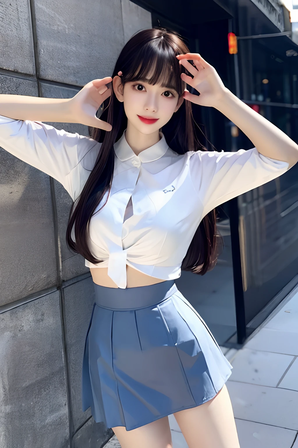 Shiny tight skirt、raise arms、Show armpits、Turn up your skirt、Long body、A slender、Inside the city、adult woman、adult lady、skin-tight、From above
