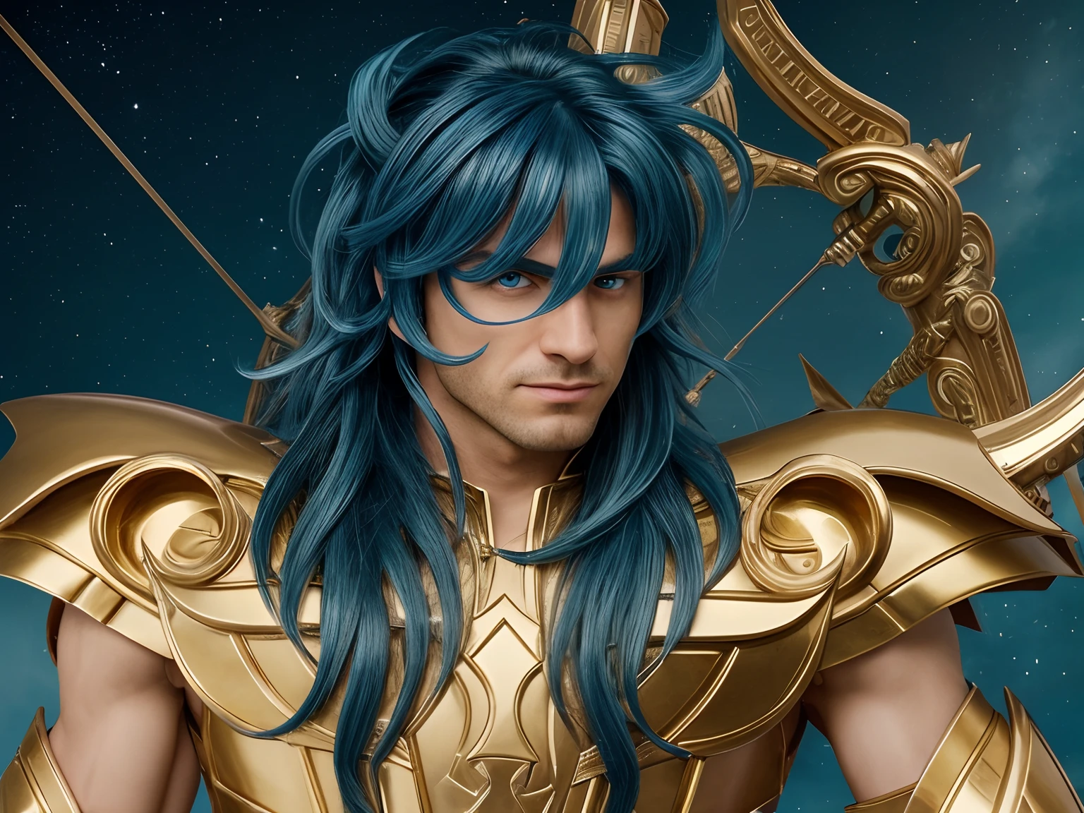 Cinematic stunningly detailed and ultra-realistic Milo Scorpio of Saint Seiya. Close up. Half-body. He is wearing a medieval armor, (full golden armor), shoulder armor, near starry Skye background, (detailed armor, high quality), (ornate armor), Octane is the perfect tool to capture the softest details of this 16k photography masterpiece. He is a handsome caucasian man about 30 years old. 1boy. greek. Beautiful face. Detailed face. Beautiful nose. ((Pretty big blue eyes)). Perfect eyes. Defined eyes. ((Shaved)). He has long ((blue)) hair. Messy hair. Bands. Slightly smile. He is staring his enemy. (detailed armor, high quality), (hdr), (noble), inspiring, film, cinematic lighting,  goldentech. No strablic.