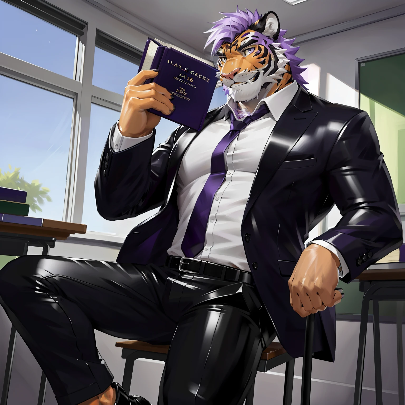(Best quality,4K,8K,A high resolution,Masterpiece:1.2), Ultra-detailed, Realistic:1.37, sportrait, smiling expression, Confident male, Fit and fit, Refined and detailed functionality, Classroom setup, shirt, suit, Sparkling purple hair, White hair, leather shoes, trousers, Holding a book, Teaching, Plump teacher,tigre