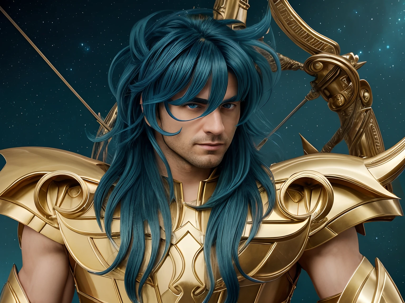 Cinematic stunningly detailed and ultra-realistic Milo Scorpio of Saint Seiya. Close up. Half-body. He is wearing a medieval armor, (full golden armor), shoulder armor, near starry Skye background, (detailed armor, high quality), (ornate armor), Octane is the perfect tool to capture the softest details of this 16k photography masterpiece. He is a handsome caucasian man about 30 years old. 1boy. greek. Beautiful face. Detailed face. Beautiful nose. ((Pretty big blue eyes)). Perfect eyes. Defined eyes. ((Shaved)). He has long ((blue)) hair. Messy hair. Bands. Slightly smile. He is staring his enemy. (detailed armor, high quality), (hdr), (noble), inspiring, film, cinematic lighting, goldentech. No strablic.