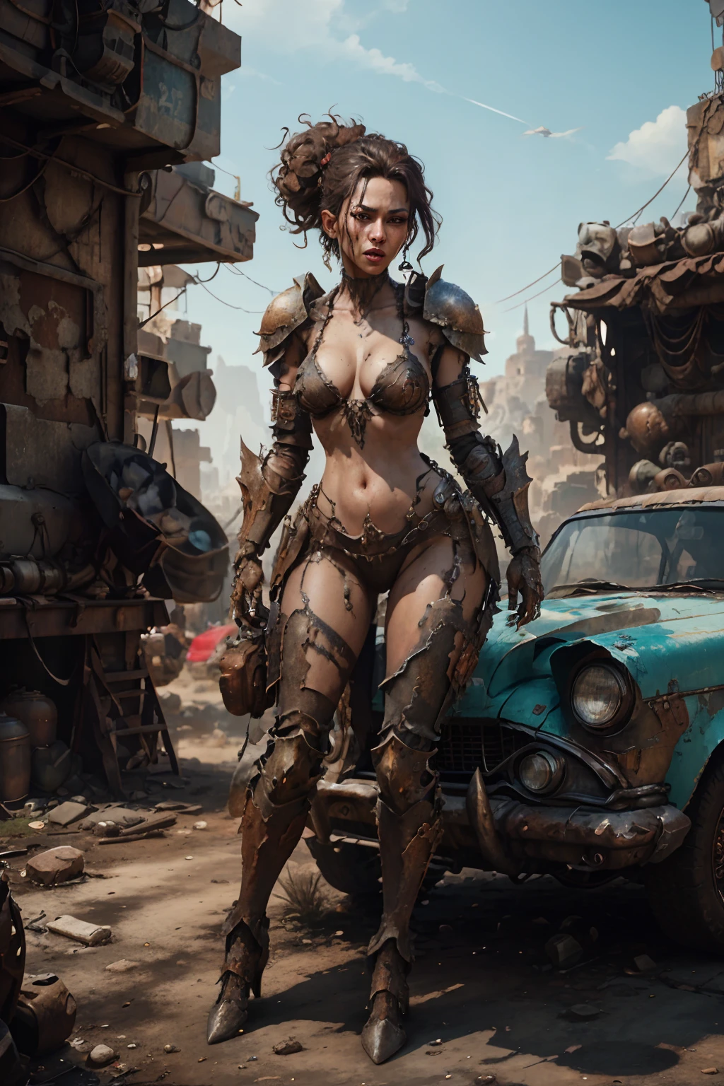Beautiful Alluring Female Dystopian Knight Jenna Ortega, oily, grainy skin, Athletic well-toned body, Rusty Scrap Metal Jewelry, Bikini armor made of auto parts and scrap metal, Dystopian punk theme, dieselpunk look, Installation on the roof of the car, Beautiful D&d character portrait, beatiful face, SINISTER, Dark Fantasy, fiverr dnd character, Octane Render, Digital Art, Extreme detailing, 4k, Ultra HD, polished, Beautiful, hyper-detailing, Intricate, Elaborate, Meticulous, Photorealistic, sharp-focus, WLOP, Character design, Unreal engine, 3D Rendering, voluminous lighting, reflections, Glossy, digital illustration art, sensual pose, Thought-provoking posture, Shot Full Body, 💖❤💕💋❣