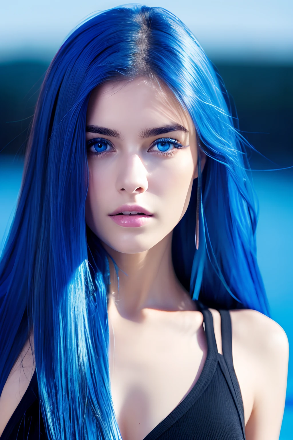 Real Women、Face Barbara Palvin、Blue hair、Longhaire、Blue eyes、Water from the body、fulHD、Black background、