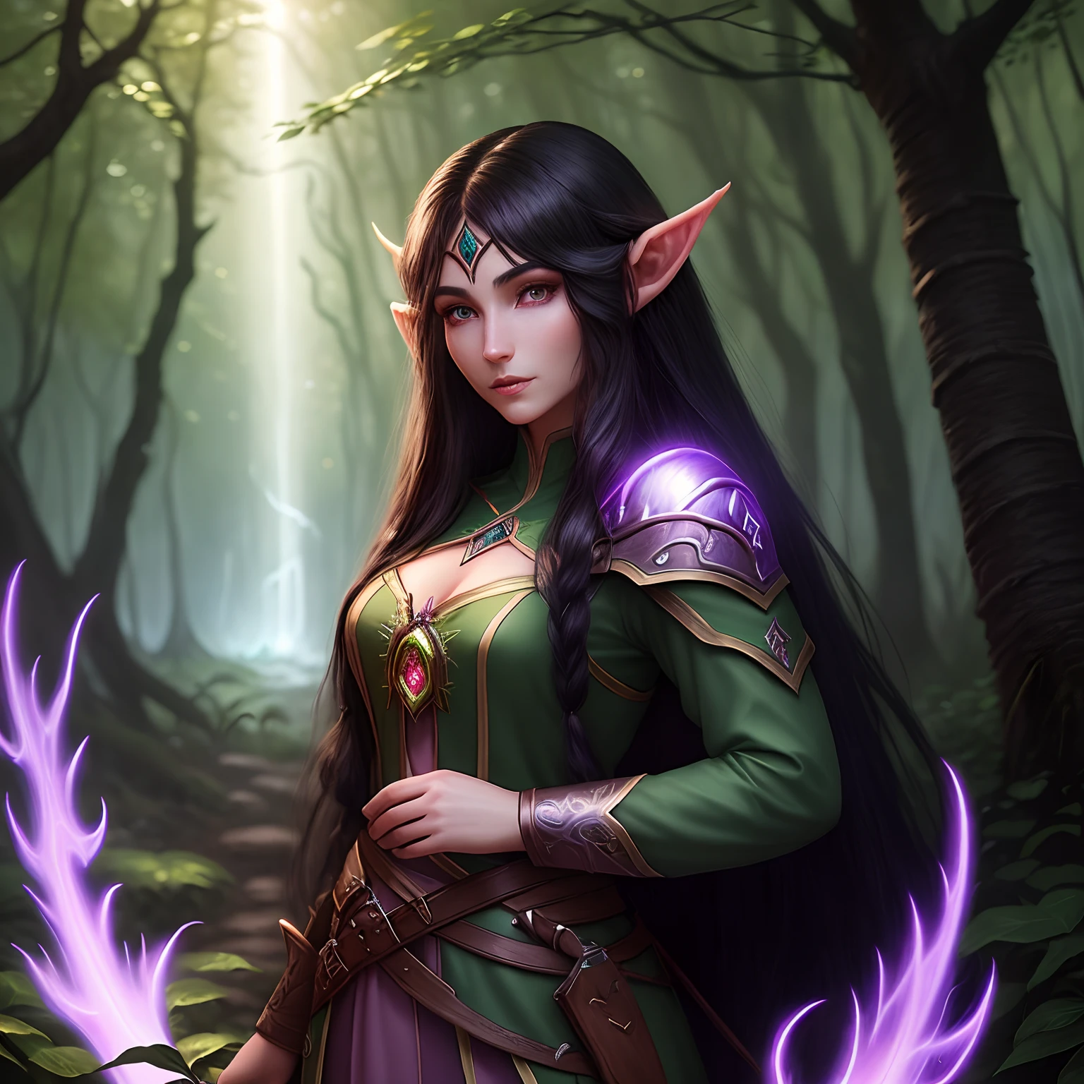 Night elf, long black hair, glowing blue eyes, art, standing in a lush forest, elf woman, long elf ears, pink-ish skin, fantasy, cowboy shot of world of Warcraft elf, Hunter, one elf, fully clothed, fantasy, world of Warcraft