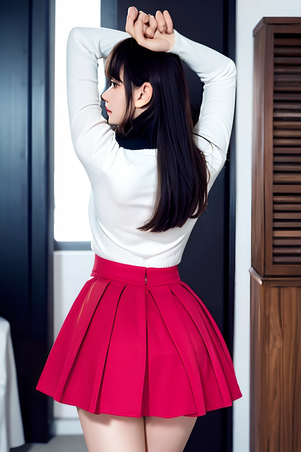 Shiny tight skirt、raise arms、Show armpits、Turn up your skirt、Long body、A slender、Inside the city、adult woman、adult lady、skin-tight、from the rear