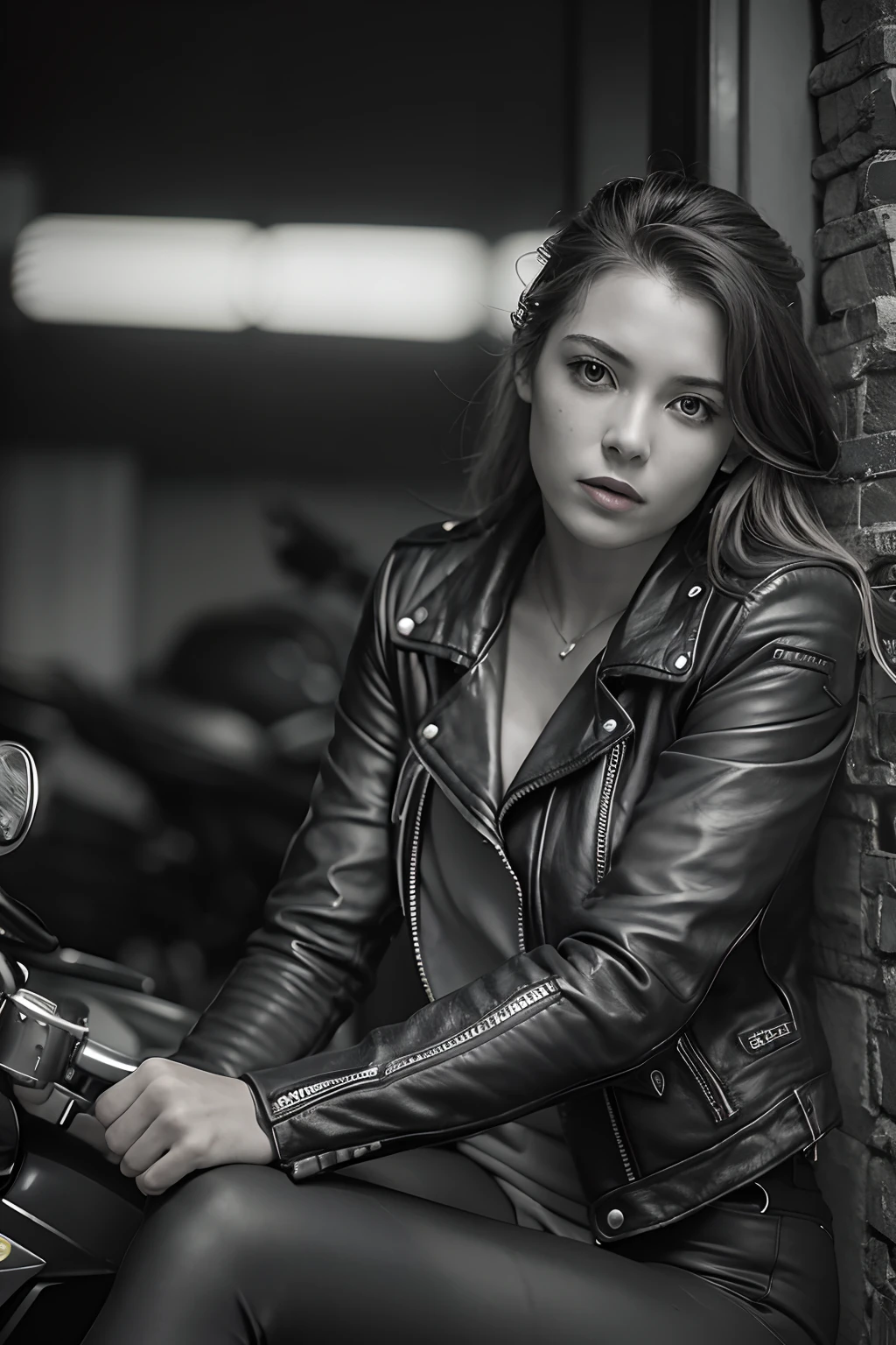 Araped woman sitting on a motorcycle in leather jacket, Photo of a female biker, biker, Motorcycle rider, Sitting on a motorcycle, B&W Photo, in door : Stephen Green, Candid portraits, by Gavin Nolan, making: Natasha Tan, making: Matthias Kolos, Riding a motorcycle, Bad look, Harley-Davidson, posing in, in door : Romaine Brooke,Ultra8K,colored photo,