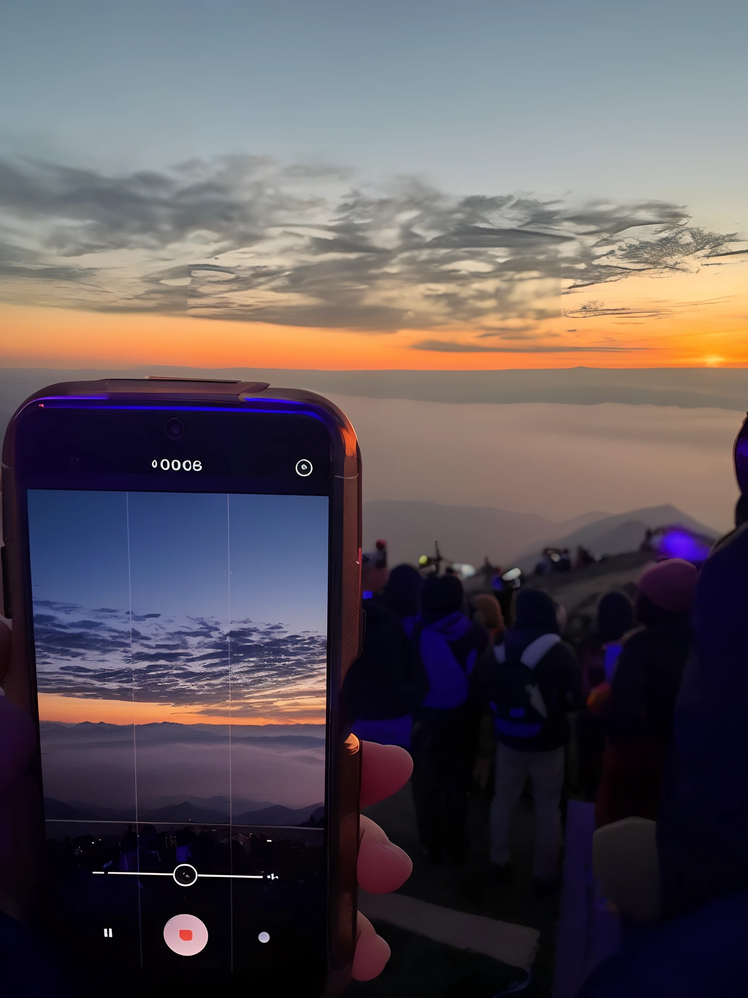 Someone is taking a picture of the sunset with their phone, late sunset, during sunrise, 8 k''. filling of the view, late sunset, dusk setting, pexels, Sunset view, phone photo, At the summit, on top of mountain, 8 k''. filling most of the view, At the top of a mountain