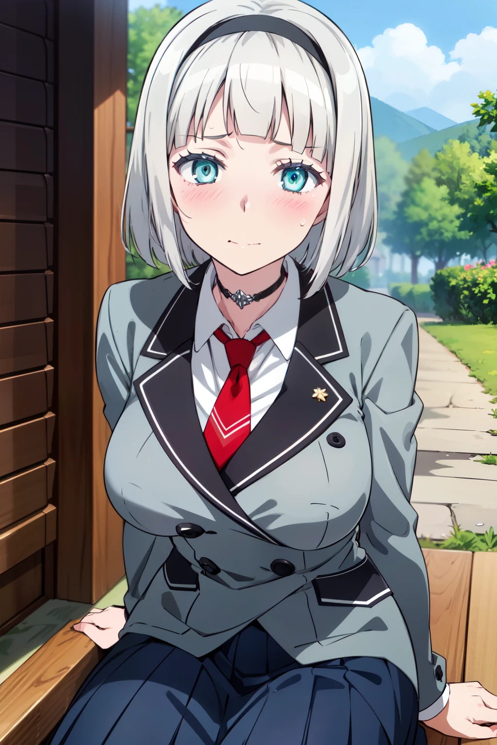 (masterpiece, best quality, ultra-detailed), AnnaNishikinomiya, white hair, aqua eyes, short hair, hairband, choker, large breasts, school uniform, grey jacket, white shirt, red necktie, blue skirt, jacket close, long skirt, blush, sitting