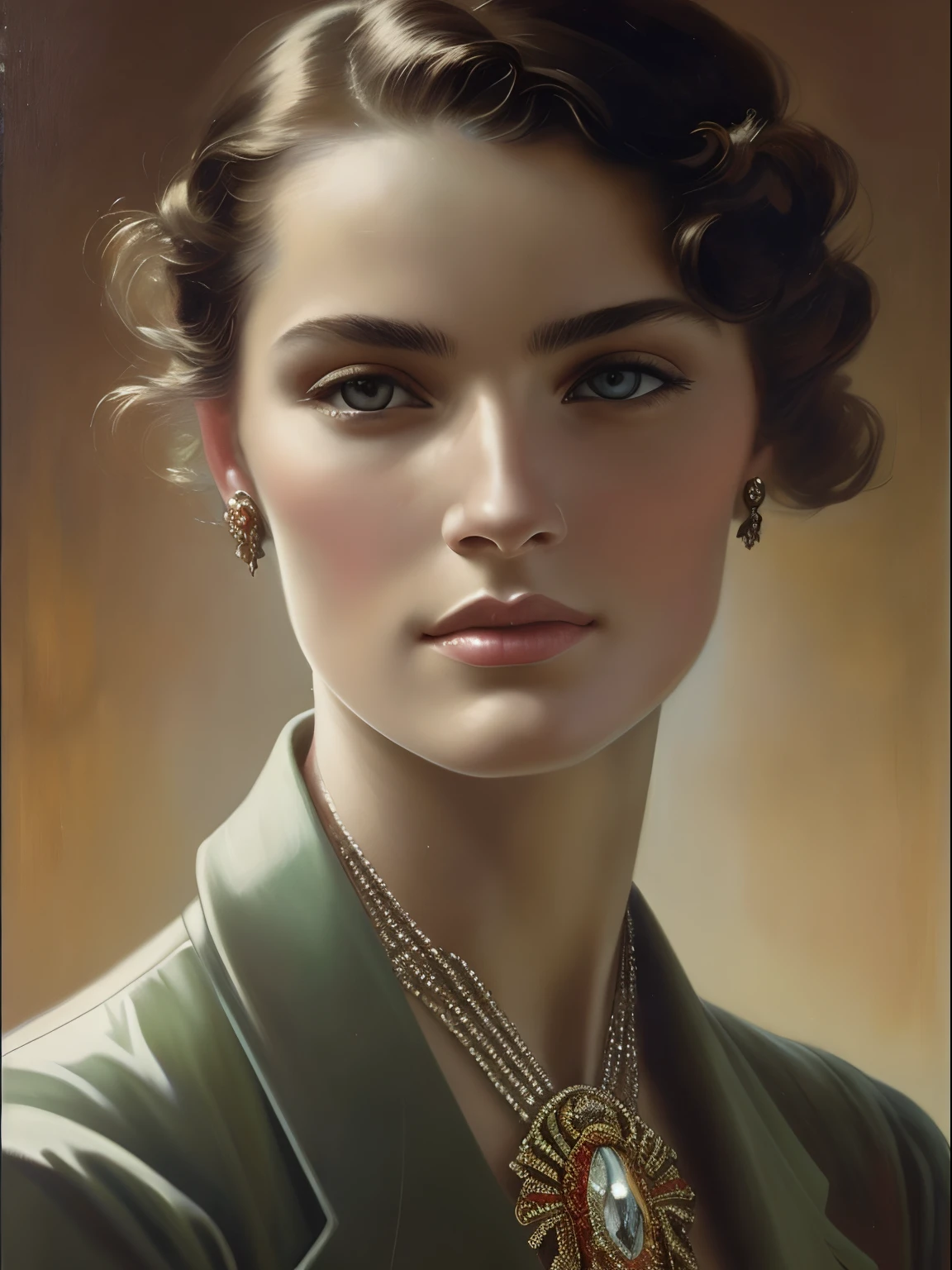 (Masterpiece) portrait of a heavenly beautiful Hugo Boss model in 1940s, beautiful painting with highly detailed face by Alphonse Mucha, Craig Mullins, Greg Rutkowski, magali villanueve, (the most beautiful portrait in the world:1.5), in the style of shiny rhinestone crystals.
