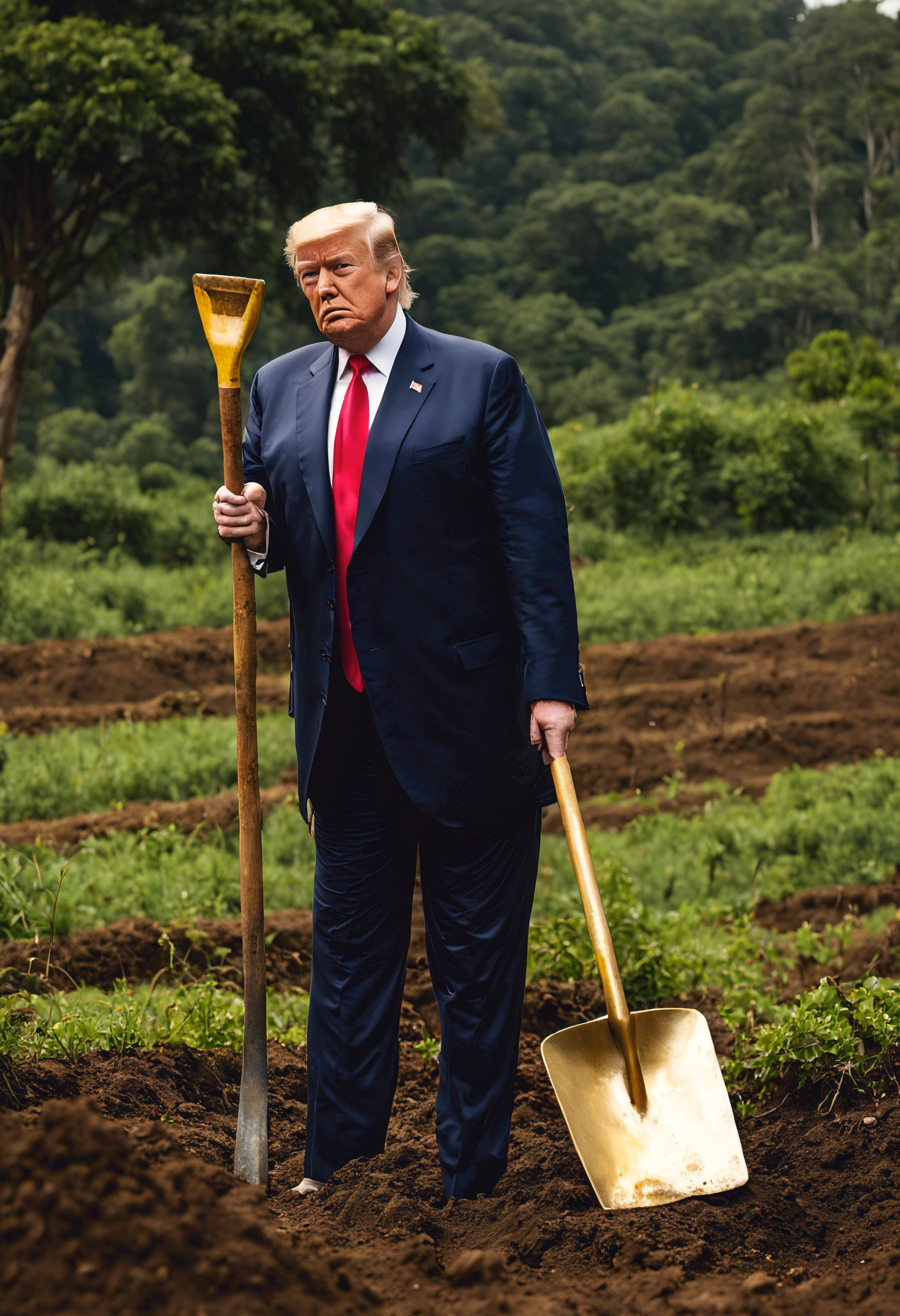 O Presidente Trump em uma fazenda, vestindo roupas de fazendeiro, holding a shovel, rodeado por campos de milho maduros sob o sol dourado da tarde, with an expression of tranquility, Fotografia, DSLR camera with 50mm lens, --ar 16:9 --v 5