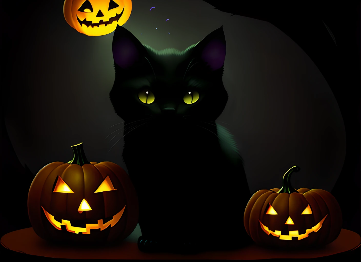 Design a playful Halloween meme featuring a mischievous black cat animation with wide, exaggerated eyes and a cheeky grin. The cat should be wearing a tiny witch hat, sitting on a pumpkin, or caught in some silly Halloween mischief. Add a funny caption like ‘Too cute to spook!’ or ‘Witch, please!’ in a bold, playful font. Include light-hearted Halloween elements like candy, ghosts, and bats to enhance the fun vibe.