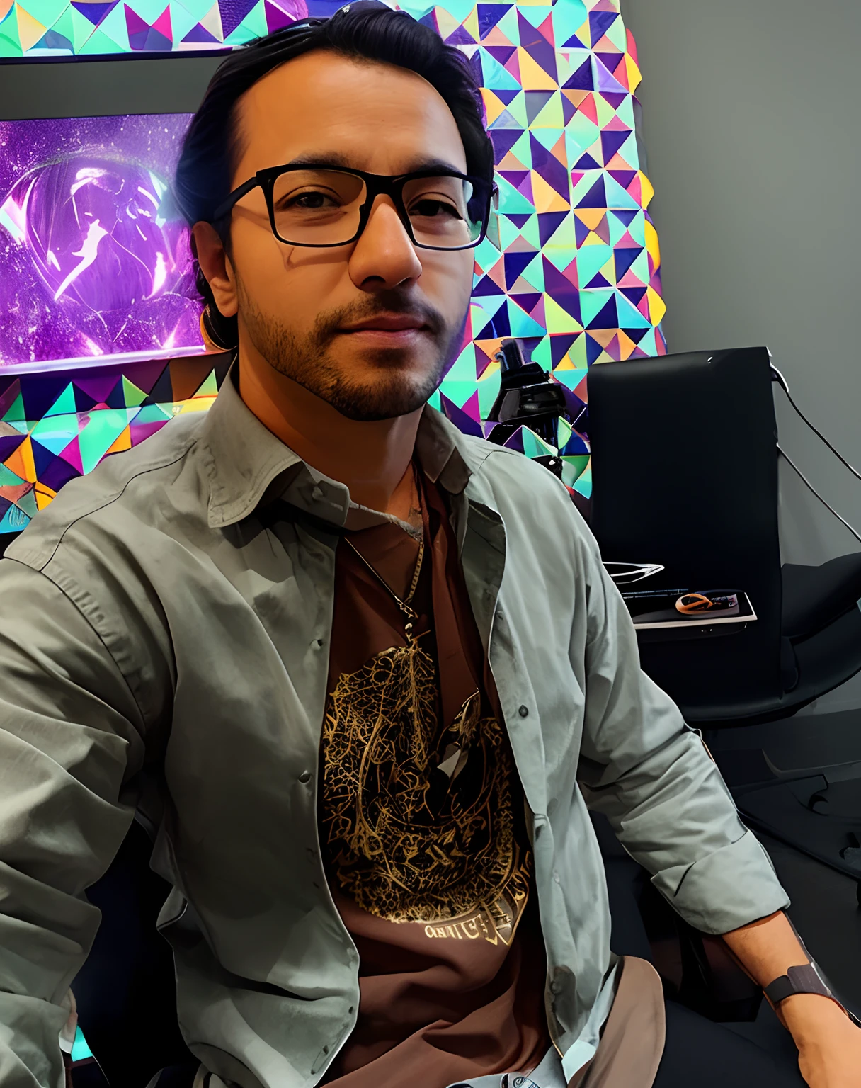 Por favor, Turn this image of a man sitting on a chair into a Japanese anime style, Highlighting Typical Resources, como olhos grandes e cores vibrantes. Make sure you capture the essence of a Twitch streamer avatar's style. Ajustar os detalhes da camisa para coincidirem com a realidade. Ajustar altura dos olhos para ficarem regulares.