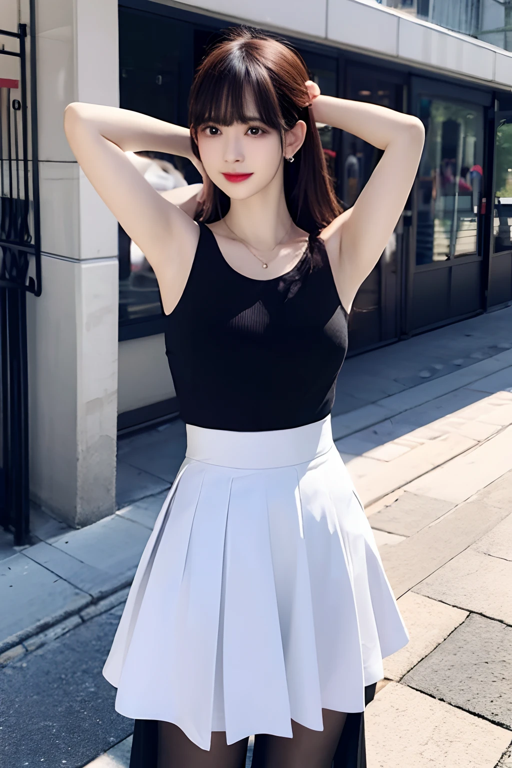 Shiny tight skirt、raise arms、Show armpits、Turn up your skirt、Long body、A slender、Inside the city、adult woman、adult lady、skin-tight、from the rear