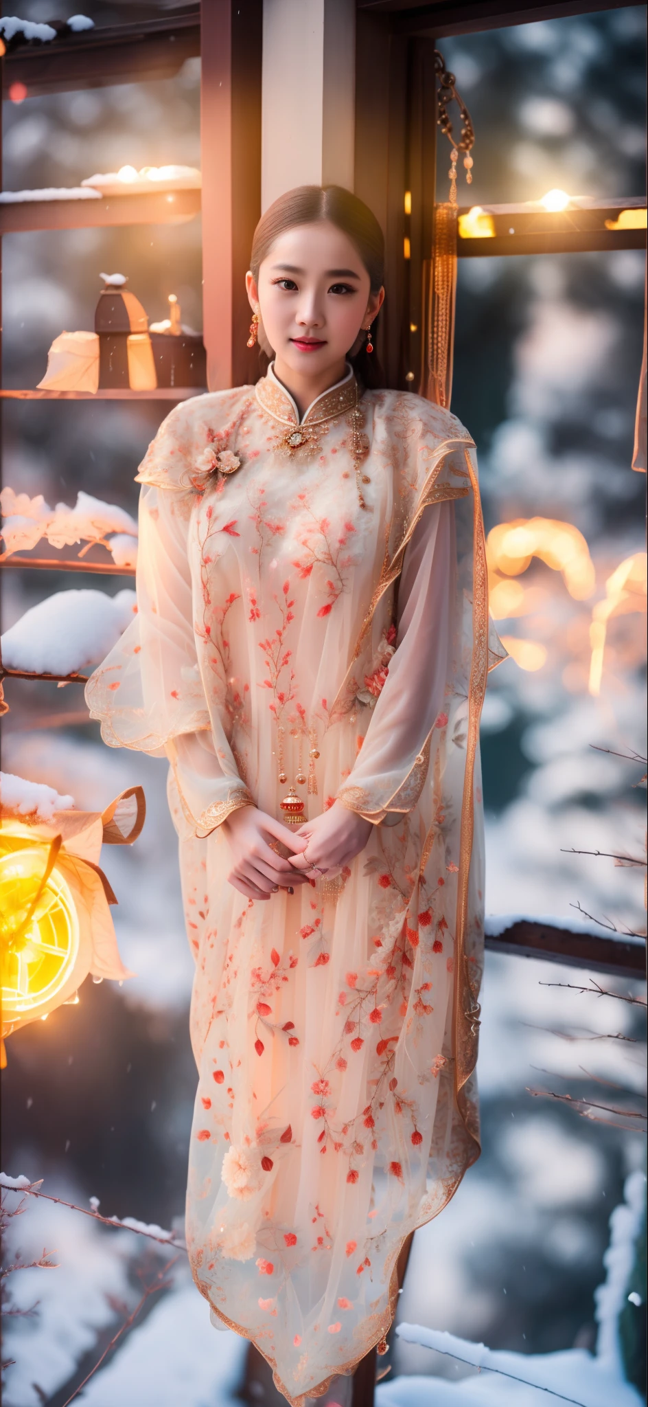 best quality, masterpiece, highres, 1girl, transparent lace china dress, hair ornament, dress,hair ornament, necklace, jewelry, chinese clothes, long hair, earrings, detailed beautiful eyes,detailed eyelash, Beautiful face,upon_body, tyndall effect,photorealistic, rim lighting, two tone lighting,(high detailed skin:1.2), 8k uhd, dslr, soft lighting, high quality, volumetric lighting, candid, Photograph, high resolution, 4k, 8k, Bokeh, in garden, falling snow, winter, (gigantic breasts:1.25)