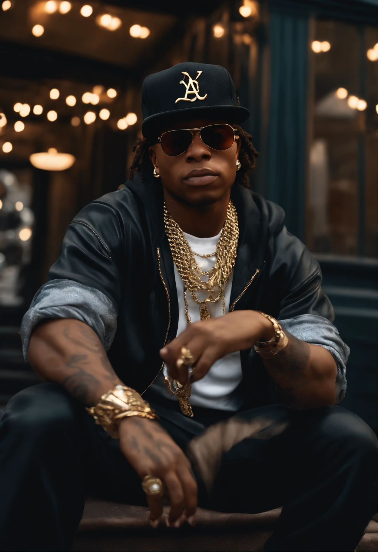 (best quality,4k,8k,highres,masterpiece:1.2),ultra-detailed,(realistic,photorealistic,photo-realistic:1.37),Eazy-E,AK47,armado,portrait,urban lighting,vivid colors,hip-hop culture,customized outfit,gold chain,bandana,controversial lyrics,street scene,graffiti tags,luxury cars,cool sunglasses,confident expression,dramatic pose,smoke effects.